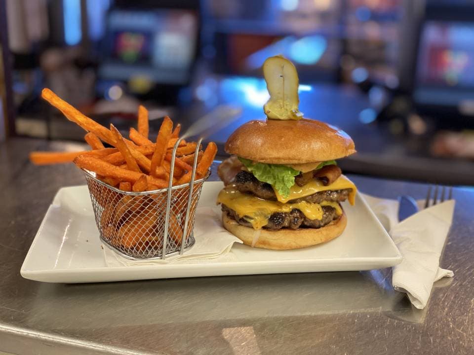 Double cheeseburger with sweet potato fries